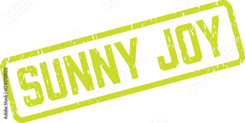 Lively green Sunny Joy proclamation presented on a distressed stamp outline featuring a textured rubber mark