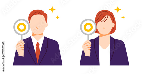 丸のパネルを持つスーツを着たビジネスパーソンの男女のイラスト