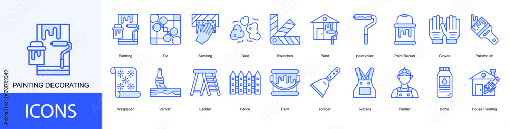 Fototapeta premium Painting Decorating icon collection set. Containing Painting, Tile, Sanding, Dust, Swatches, Paint, paint roller icon