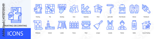 Painting Decorating icon collection set. Containing Painting, Tile, Sanding, Dust, Swatches, Paint, paint roller icon