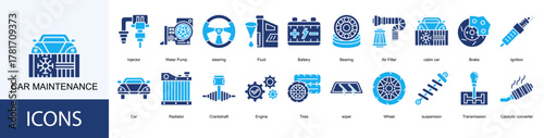 Car Maintenance icon collection set. Containing Injector, Water Pump, steering, Fluid, Battery, Bearing icon