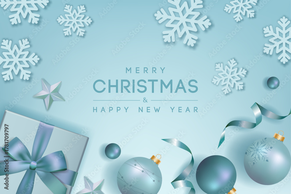 Fototapeta premium Merry Christmas Banner with Christmas Elements, Gift box and Snowflake. Vector illustration.