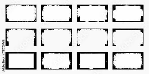 Collection of twelve unique distressed and torn grunge borders and frames on a black background