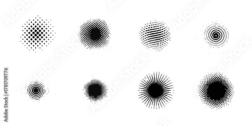Collection of eight black and white abstract halftone dot and line graphic elements