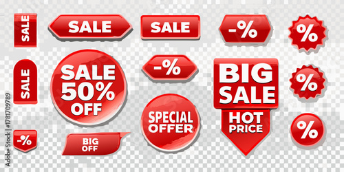 Collection of red sale tags and discount labels with percentage signs and special offer text