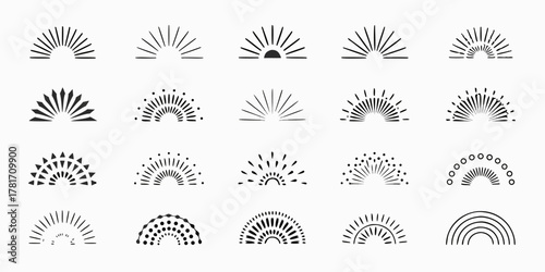 Collection of hand drawn sunburst and sunrise icons in various styles and patterns