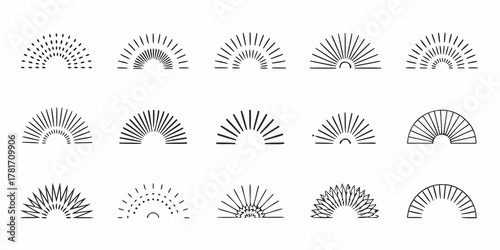 Collection of diverse hand drawn sunburst and sunrise semicircle graphic elements in black and white