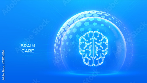 Brain care and protection. Psychology and Neurology. Physician teaching about alzheimer, dementia disease. Human brain icon inside protection sphere shield with hexagon pattern. Vector illustration.