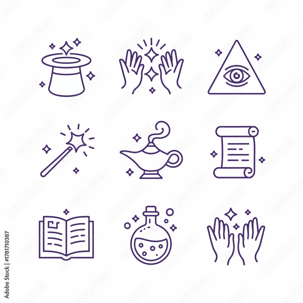 Obraz premium This enchanting image features a collection of magical symbols, including a hat, wand, and mystical elements, all presented in a captivating purple theme.