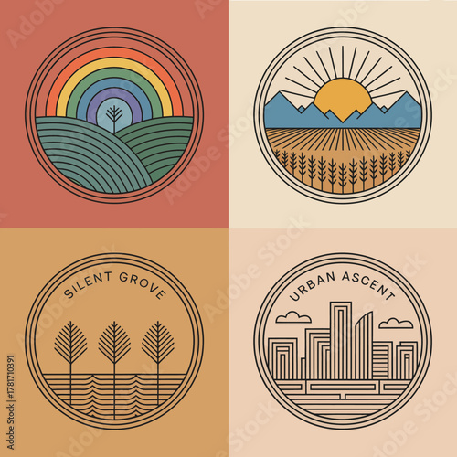 This image showcases four round logos featuring picturesque landscapes including mountains, trees, and sunsets, highlighting the beauty of nature in vibrant colors.
