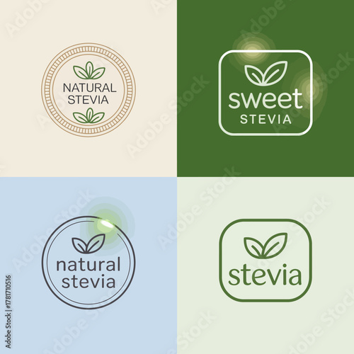 Showcasing a brand identity for natural stevia, this image features minimalist logos and designs that effectively highlight the product's health benefits and natural essence.