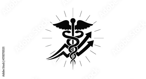 Caduceus symbol intertwined with upward trending arrows, representing medical growth and progress.