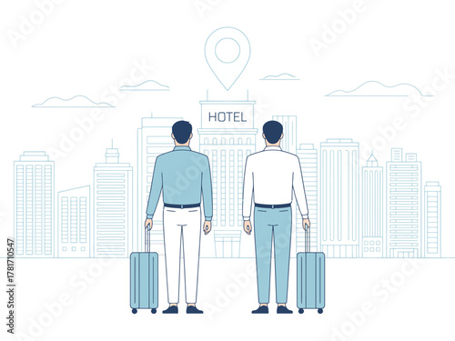 Two men with luggage stand in front of a urban hotel, showcasing the excitement of arrival in a vibrant cityscape filled with towering skyscrapers.