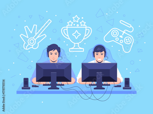 Two young men gaming side by side on computers, showcasing teamwork and rivalry in a lively gaming environment under an upbeat, cartoon style atmosphere.