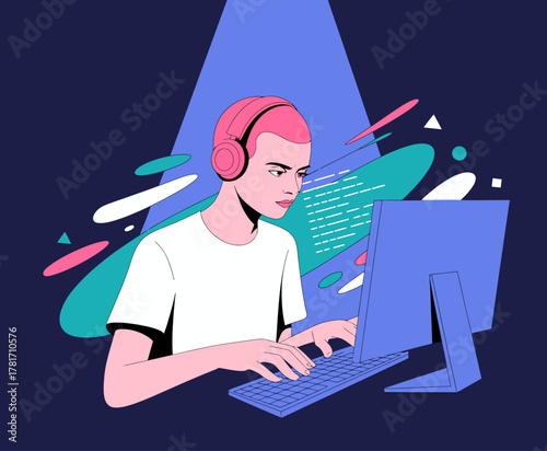 A young person deeply focused on their computer, employing their skills for programming or gaming, amidst a stylish background that conveys creativity and technology.