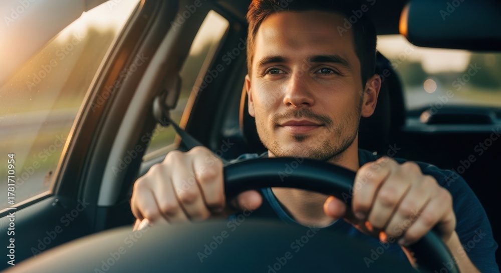 Obraz premium Man driving a car with hands on the steering wheel