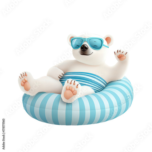 Happy polar bear enjoying vacation. Relaxing blue striped swimsuit inflatable float