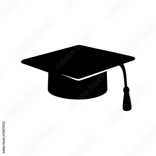 Simple graduation cap silhouette on a white background represents higher learning