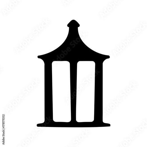 Monochrome illustration of a stylized lantern with a decorative roof feature