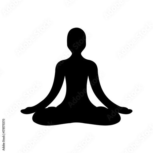 Silhouette of a person meditating in lotus position on a white background