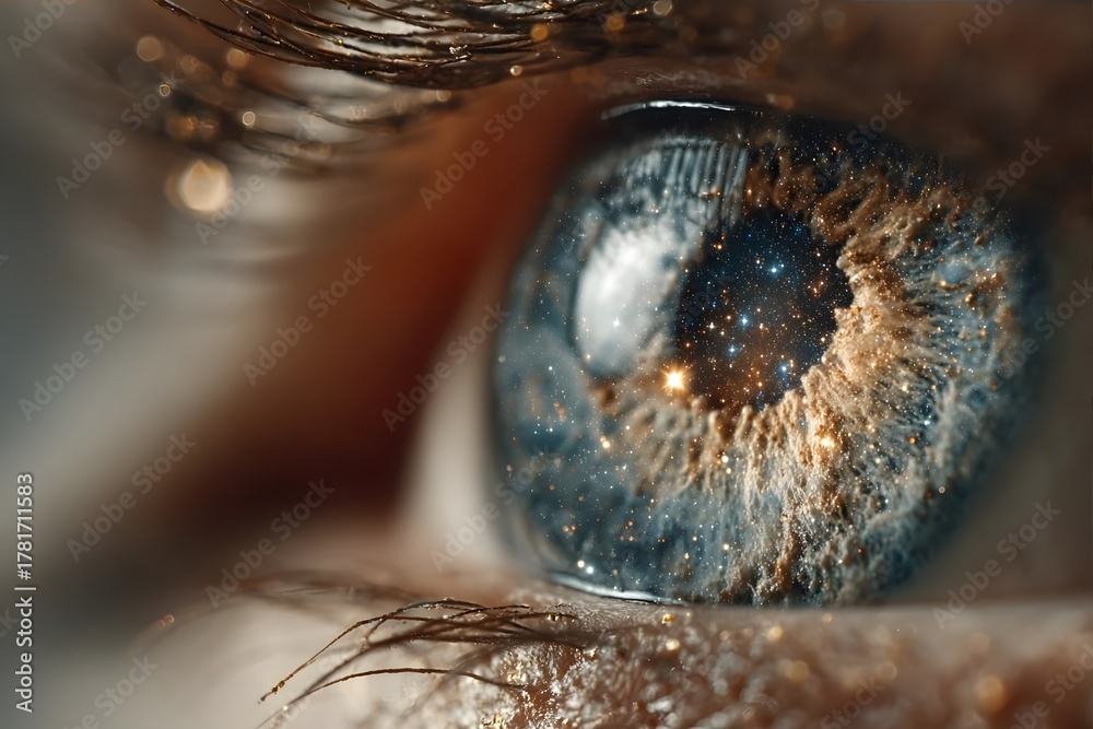 Fototapeta premium An eye with a cosmic overlay, emphasizing artistry, wonder, and imaginative atmosphere.