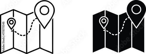 Navigational Route: A minimalist depiction of a map with a pin marking a point along a dashed path, symbolizing the journey and navigation.