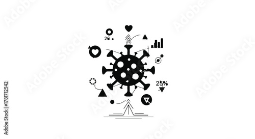 Abstract representation of virus evolution and data analysis with upward growth charts.