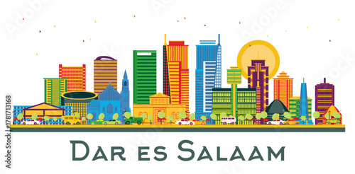 Dar Es Salaam Tanzania City Skyline with Color Buildings isolated on white. Illustration. Business Travel and Tourism Concept with Modern Architecture.