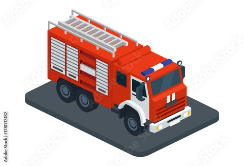 Isometric red fire truck with ladder. Emergency rescue vehicle. Illustration. Fire engine isolated on white background.