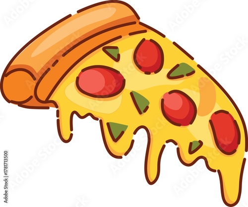 Cartoon style pizza slice with melted cheese dripping, topped with pepperoni and green peppers.