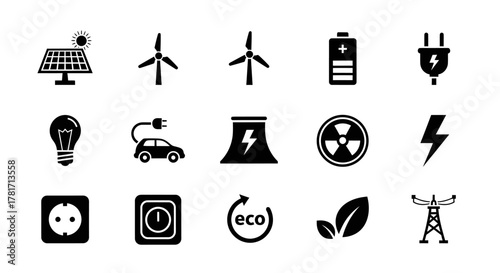 Collection of renewable energy and eco icons isolated on white background