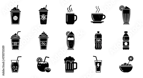 Black and white coffee and drinks icons isolated on white background for website