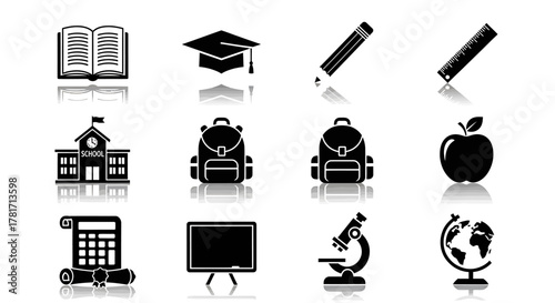 Illustration of school supplies and education icons isolated on white background