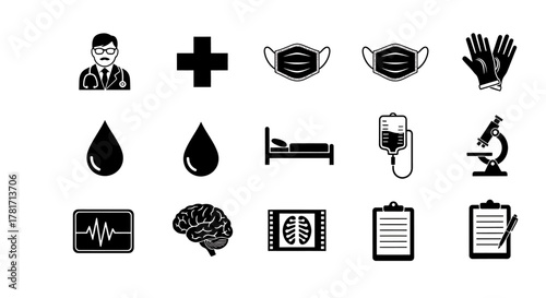 Medical icons set, glyph style isolated on white background doctor and medical mask