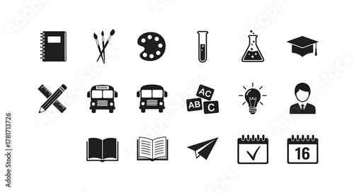 Education and school related icons in glyph style isolated on white background