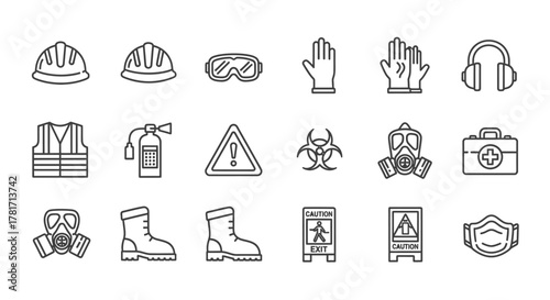 Set of safety equipment and tools for construction isolated on white background