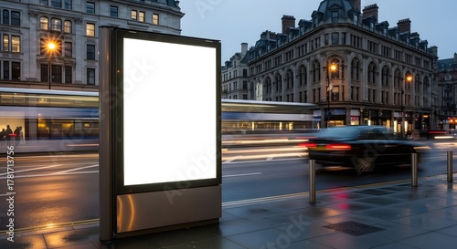 Blank Outdoor Advertising Kiosk Mockup on Busy City Street at Dusk