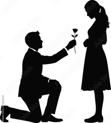 Silhouette of a man proposing with a rose, isolated on white background the scene captures a romantic moment with a kneeling man