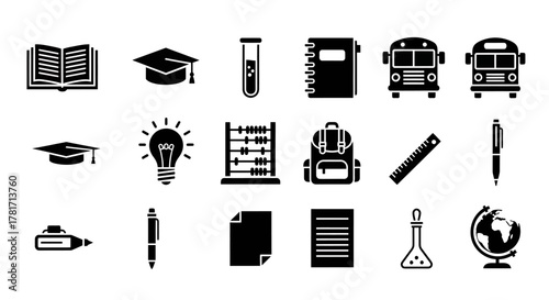 Collection of school supplies and education icons isolated on white background