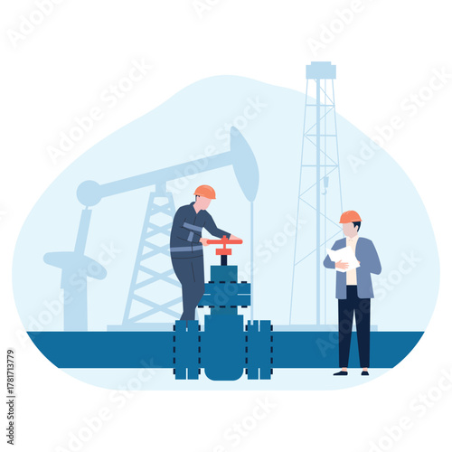 Oil and gas mine workers are working and checks are being carried out. Stock Illustration