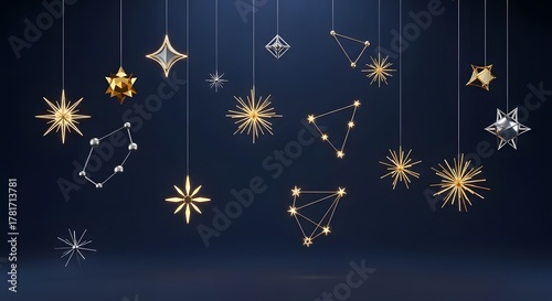 Elegant Hanging Gold and Silver Star Decorations and Constellations on Dark Blue Background