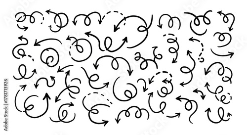 Collection of Hand Drawn Doodle Arrows Set Sketchy Swirl and Directional Icons Isolated on White Background