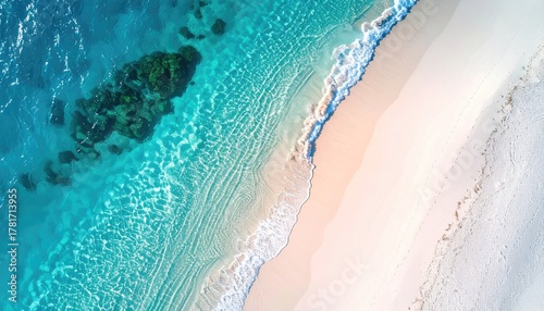 Fototapeta Naklejka Na Ścianę i Meble -  Tropical Island Aerial View With Bungalow Overlooking Turquoise Water Shallow Reef And Sandy Beach During Bright Daylight With Gentle Waves Lapping Shore