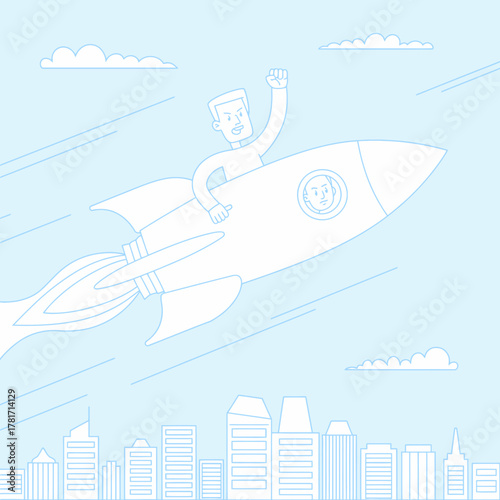Two adventurous characters riding a rocket, embodying bold ambition and exploration while flying high above a modern city, signifying the journey of striving for extraordinary goals.