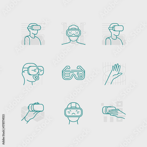 An icon set featuring various aspects of virtual reality, including headsets and interactive elements, emphasizing user engagement and modern technology.