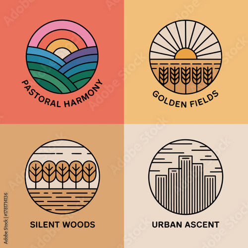 Featuring charming logos, this image encapsulates various landscapes and urban scenes, blending pastoral beauty with modern city vibes in an attractive design.