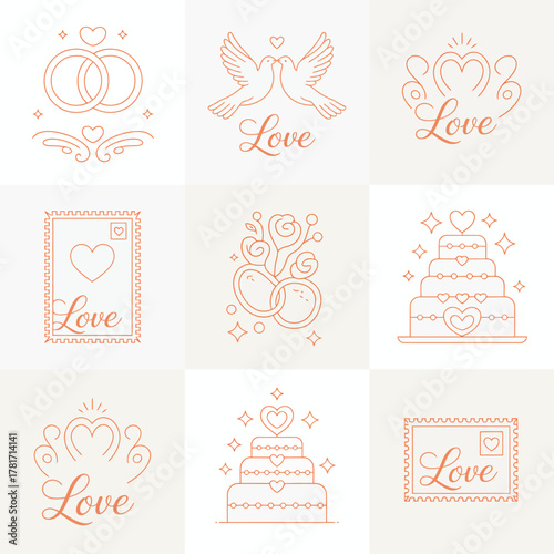 This artwork features doves, hearts, and a wedding cake, beautifully conveying love and the symbolism of new beginnings and the joy of wedding celebrations.