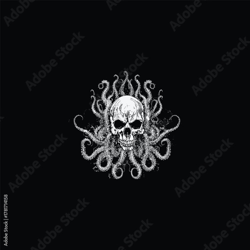 detailed black and white illustration of a human skull surrounded by an elaborate swirling pattern of menacing octopus tentacles