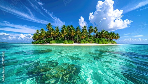 Fototapeta Naklejka Na Ścianę i Meble -  Tropical Island Paradise Lush Green Palm Trees White Sand Beach Crystal Clear Turquoise Water Coral Reef Below Sunny Day Blue Sky White Clouds