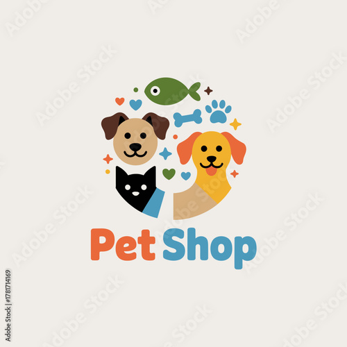 A cheerful illustration showcasing a variety of pets and associated items, ideal for enhancing branding for pet shops and related businesses.